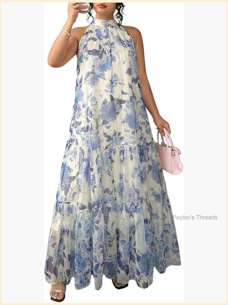 Womens Plus Size Floral Ruffle Maxi Dress Halter Neck Sleeveless Flowy Boho